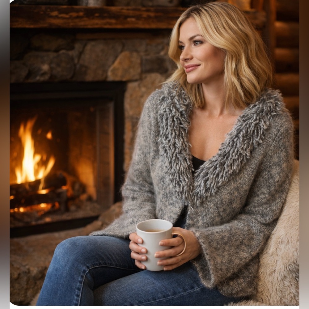 Vintage Grey Angora, Lambswool Cardigan Sweater, cozy, soft, bell sleeves L